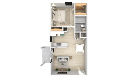 a floor plan of an apartment with a bedroom and a bathroom